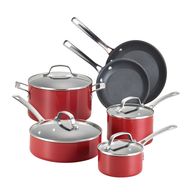 red pots pans set shelf pulls